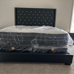 ♥️ Brand New Black Diamond Tufted King And Queen Size Nailhead Trim Leather Headboard, Bed Frame - Mattress + Box Spring • Pay After Delivery 🚚