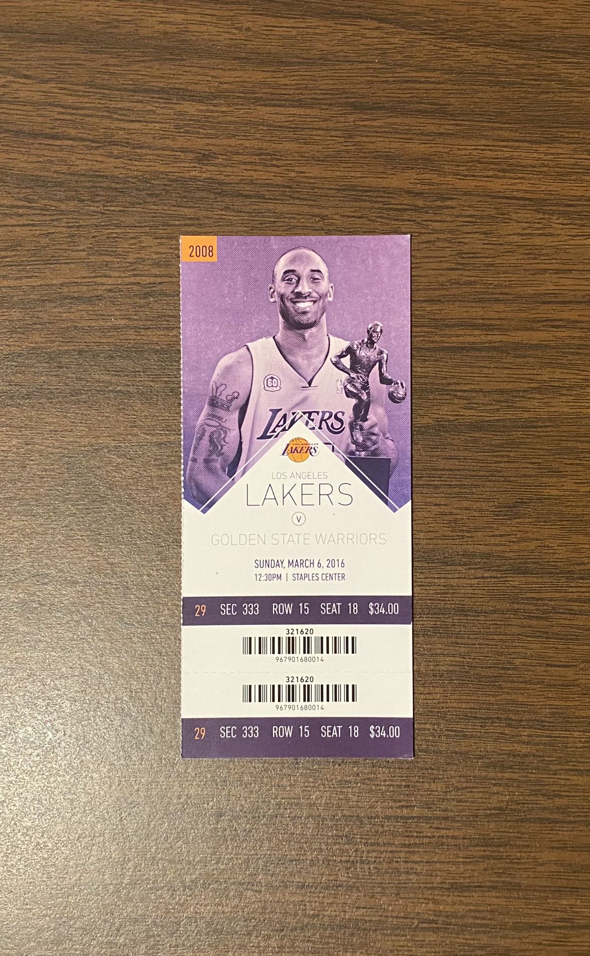 KOBE BRYANT vs STEPH CURRY AUTHENTIC LAST FINAL FULL GAME TICKET 03/06/2016 LOS ANGELES LAKERS vs GOLDEN STATE WARRIORS “BLACK MAMBA” 