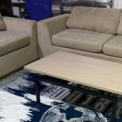 Beige Woven Wool Sofa Set With Wood Base- DELIVERY AVAILABLE 