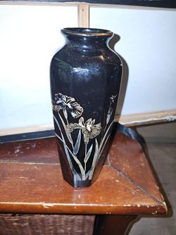 Vintage Black Glass Vase with Gold Iris Decoration