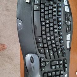 Logitech K350 Wave Ergonomic Keyboard with Unifying Wireless Technology - Black and mouse