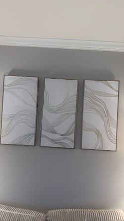 Set of 3 Abstract Wall Art Panels –  Gold Wave Lines, Framed, Modern Decor