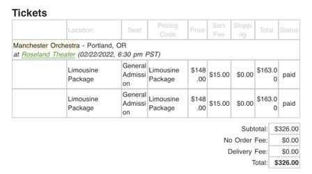 2 Manchester Orchestra Limo Package Tickets For 02/22/2022 Show In Portland