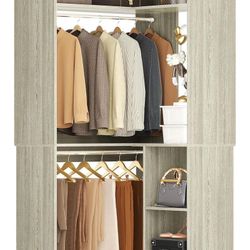 Corner Closet System With Shelves, 34'' Organizer With Hanging Rods, Wood Walk-in for Small Space, Freestanding Tower, L Shaped Garment Rack, White