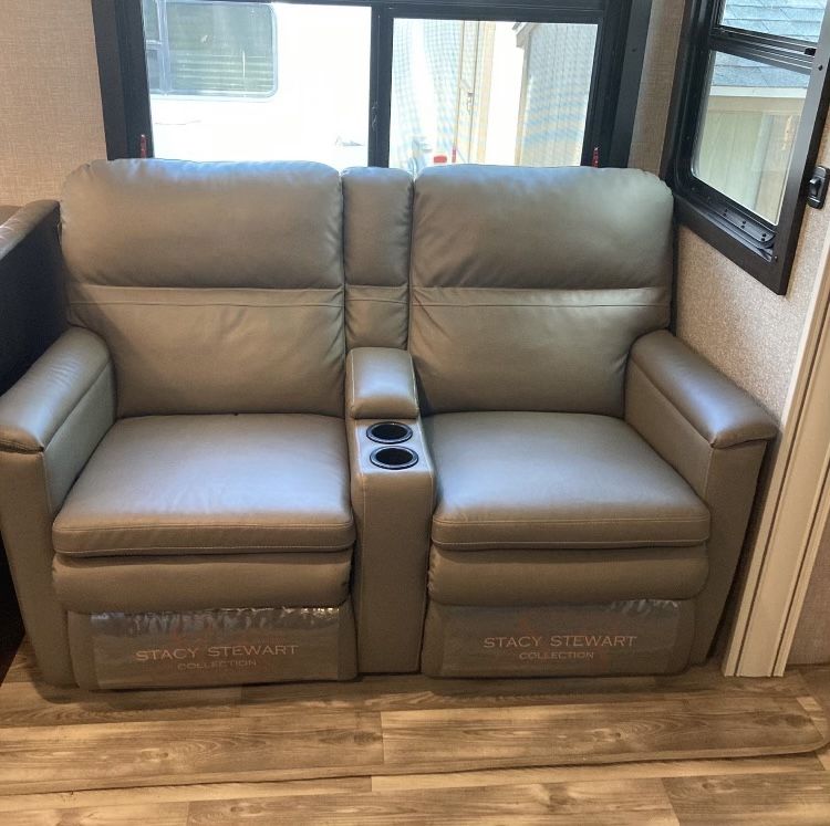 Stacy Stewart grey double rv wall hugger recliner sofa rv loveseat