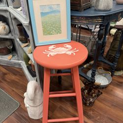 Coastal-Style Solid Wood Bar Stool – Salmon Color with Crab Design – So cute - Tropical Beachy