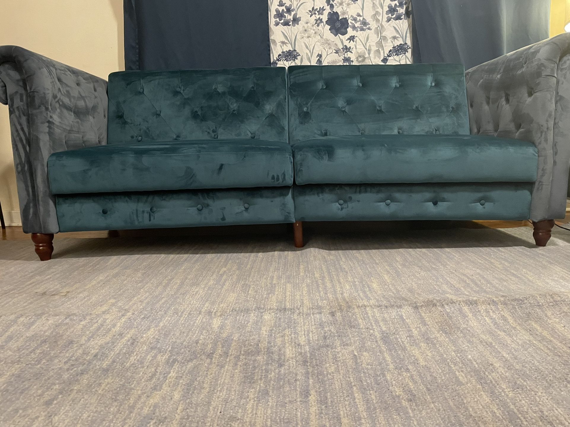 Very beautiful blue/teal tuff velvet futon sofa (queen)