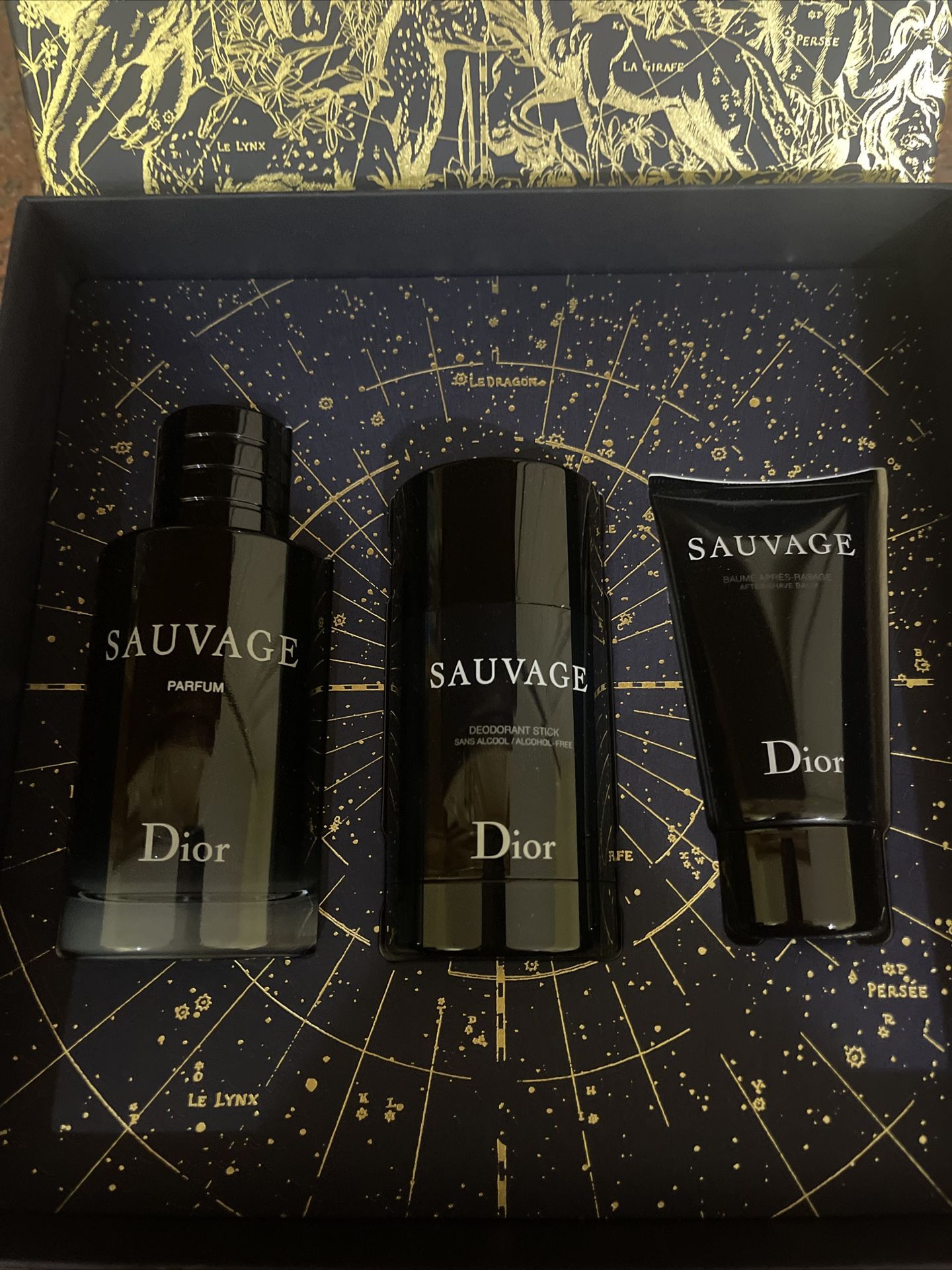 Sauvage Christian Dior Gift Set Parfum 3.4 Oz After Shave Balm 1.7 Deodorant 2.6