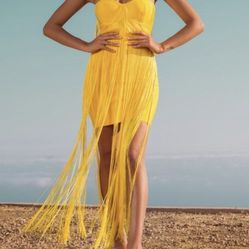 Yellow Fringe Mini Dress By Athena 