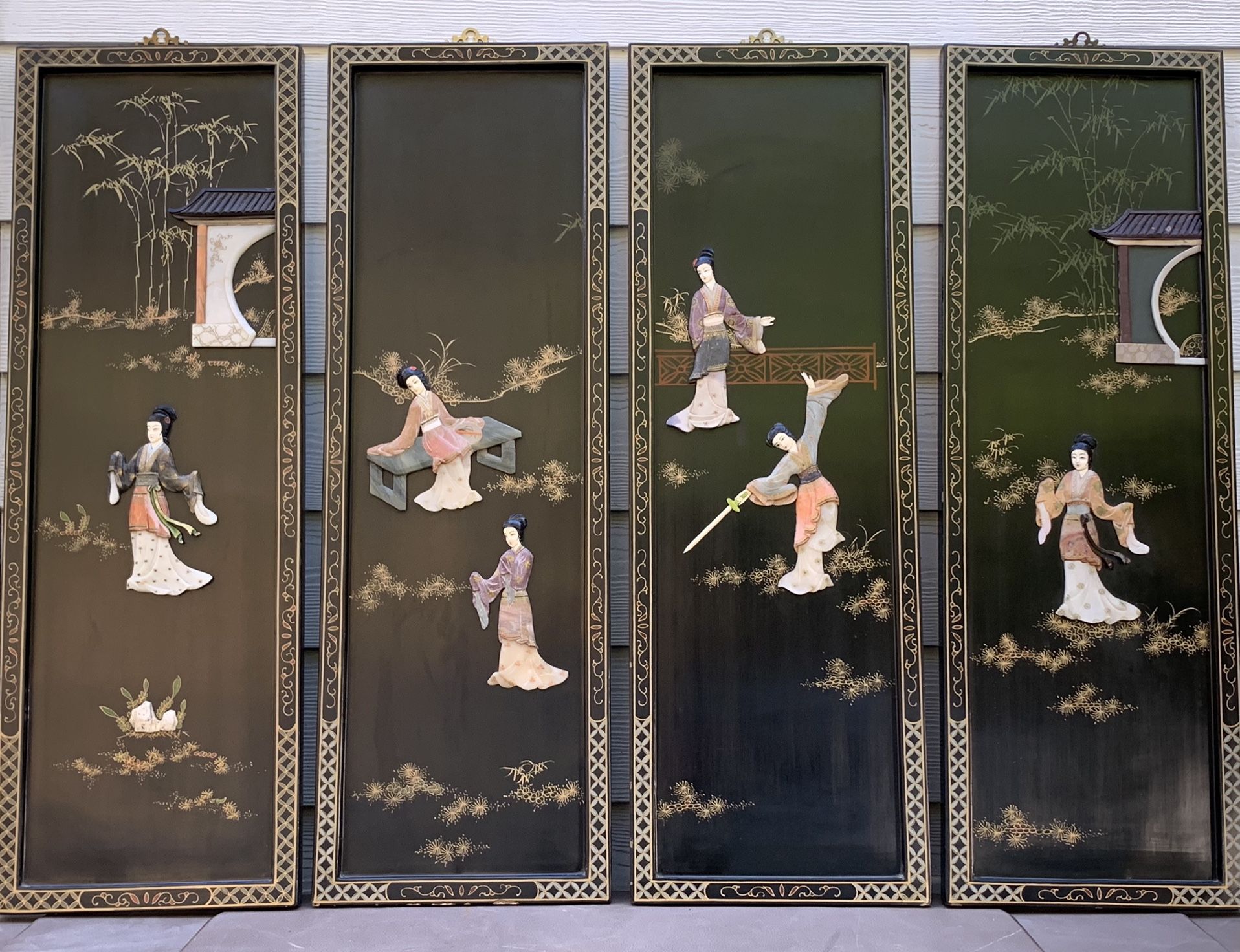 Vintage 1960's Oriental Chinese Black Lacquer 3D Geisha Girls Wall Plaques