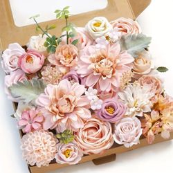 Box Of Pink Peach Ivory Faux Artificial Flowers Roses Peonies Daisies 