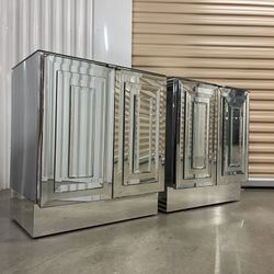 Pair 1970s Vintage Mirrored Cabinets Nightstands Mid century Modern By Ello 