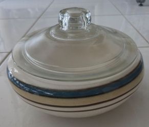 Vintage striped ceramic bowl with glass lid, 10 inch diameter, 4 inch height, no chips or cracks, $18