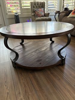 Round Two-Tier Wood/Metal Coffee Table & matching end table