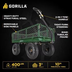 Gorilla Carts 400 lb. Capacity Steel Utility Garden Landscape Cart, 32 inch x 18 inch Steel Mesh Bed, 2 in 1 Convertible Handle (Brand New)