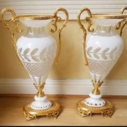 handcut Crystal and bronze set Of 2 vases