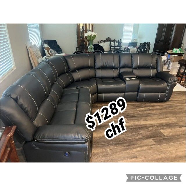 BLACK Air Leather Power Modular Recliners Sectional Sofa With USB  116.50 x 104.00 x 41.00 in. H