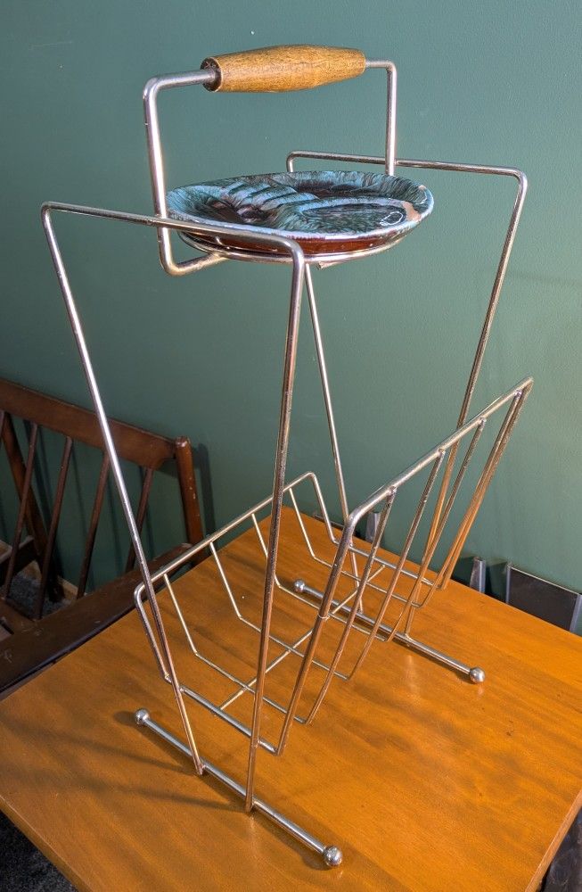 VTG Mid Century Modern 1950s 60s Chrome Ashtray Smoking Stand Blue & Black MCM