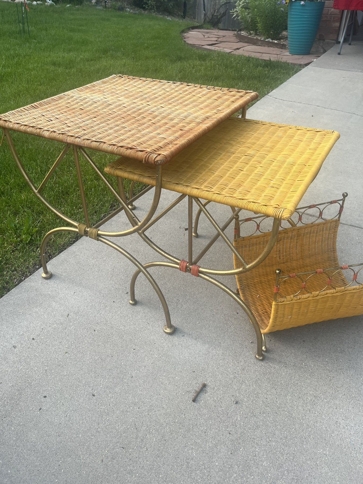 Vintage rattan, end tables and magazine rack