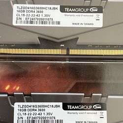 Like new 32GB 3600MHz 2x16 CL18 DDR4 Desktop RAM Teamgroup tforce