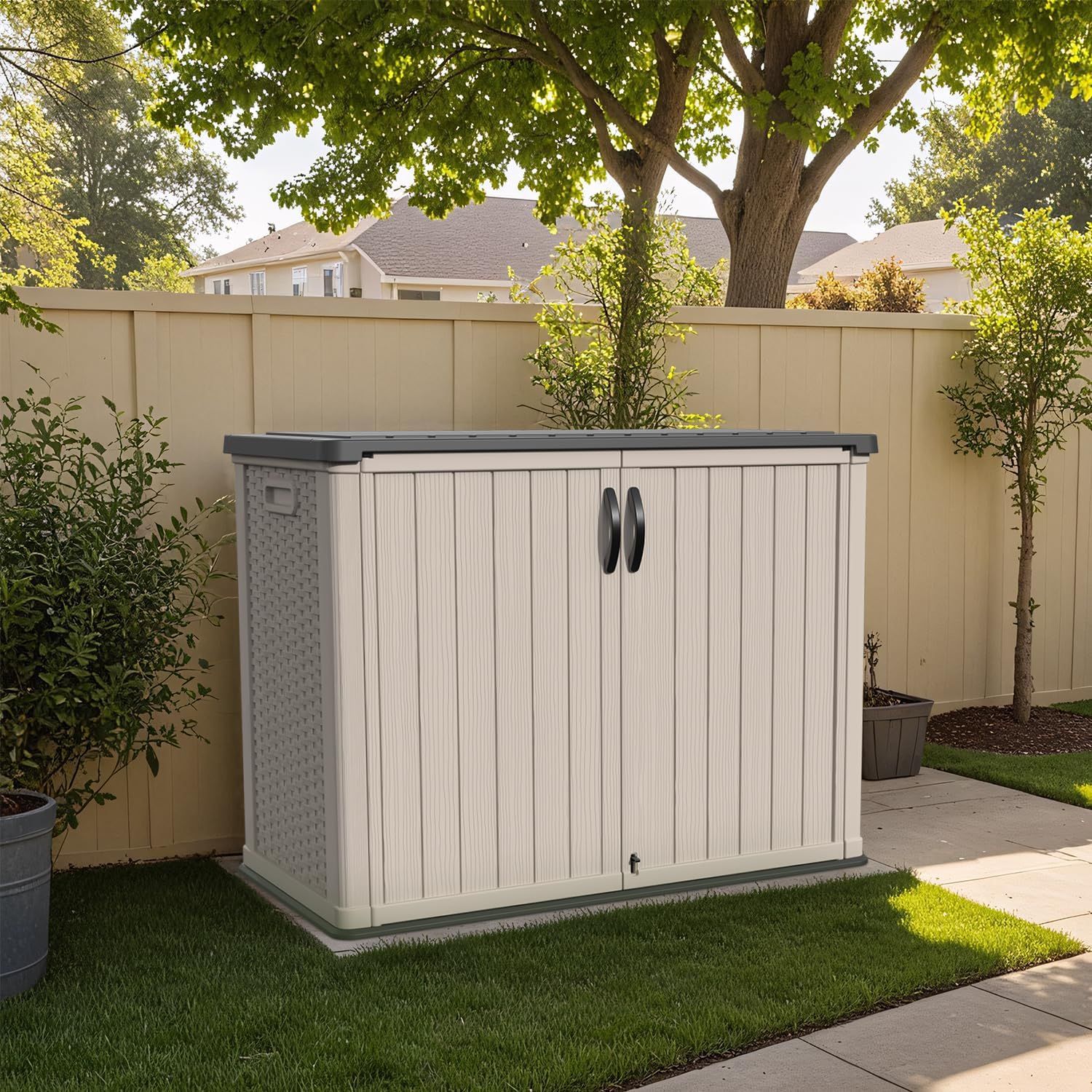 New Outdoor Horizontal Storage Cabinet 26 Cu Ft with Lockable Doors Resin Box Waterproof and UV protection for Patio Storage,Prefect for Garden, Patio