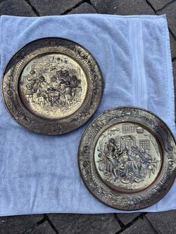 Pair Vintage Embossed Brass Wall Plaques – 14” Tavern Family Scenes