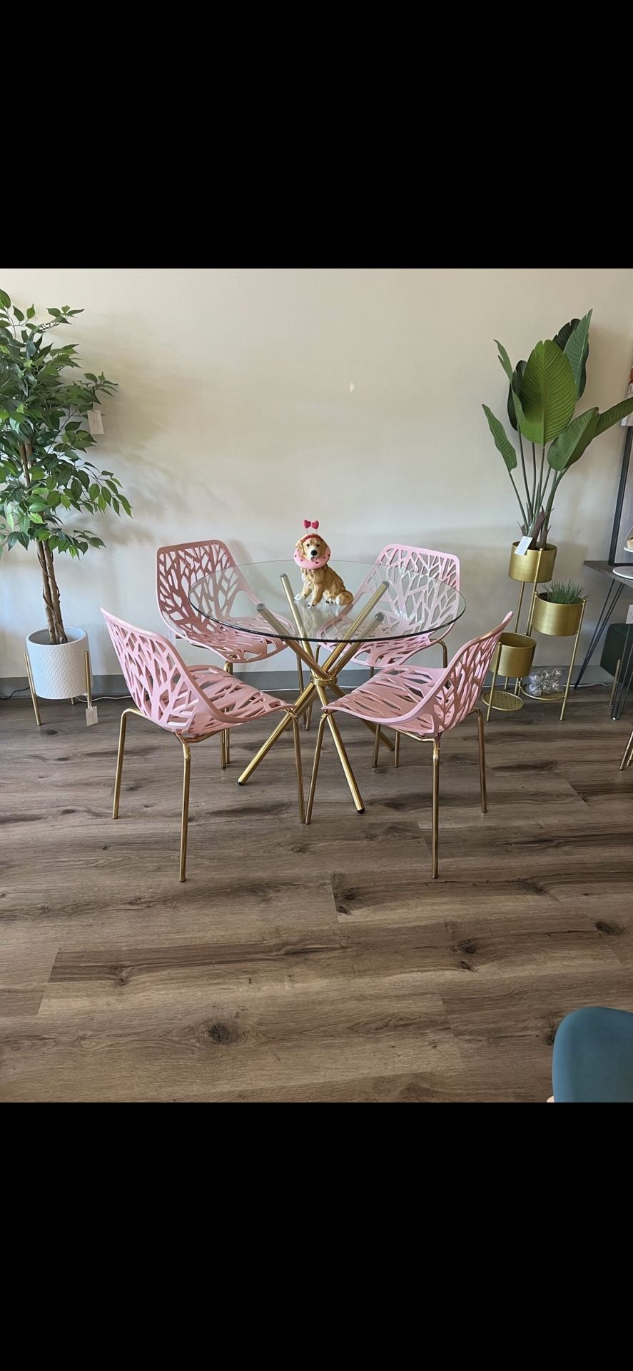 Pink Gold Dining Chairs and Table Set For 4