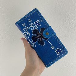 Handmade Boho Blue White Tooled Leather Floral Butterfly Whipstitch Snap Wallet