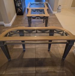 3-Piece Matching Living Room Table Set (Glass, Light Oak & Metal)