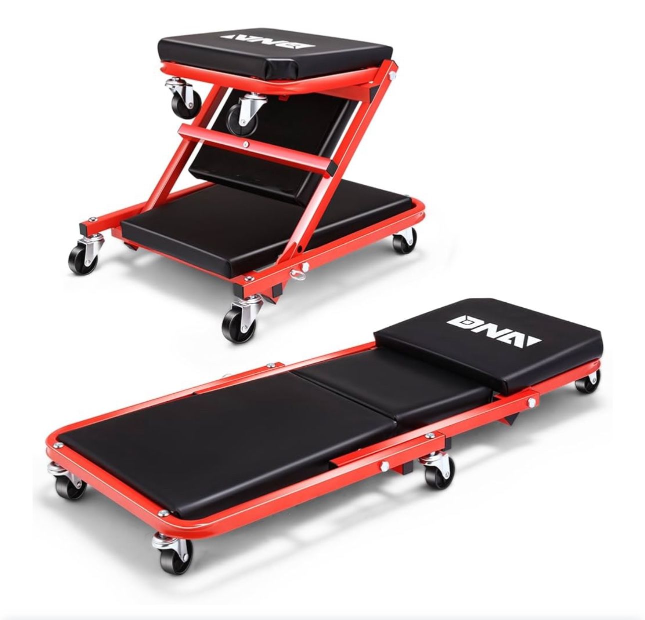 ‎DNA MOTORING TOOLS-00184 36 Inches 2 IN 1 Rolling Folding Car Creeper/Seat, 6 Pcs 2" Casters, 150kg Weight Capacity, Red