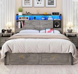 Open box-Queen Bed Frame with Storage Headboard, Farmhouse Wood Bed Frame Queen Size with 4 Drawers, LED Light & Charging Station, Metal Slats Support