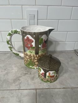Vintage Ceramic Countryside Pitcher and Sugar Bowl Set