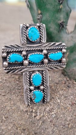 Old  Pawn  Native  American Turquoise Silver Cross Ring 