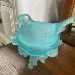 Antique Blue Satin Glass Covered Bird Basket 