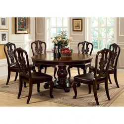 VINTAGE CLASSIC BROWN CHERRY FINISH 7 PIECE ROUND DINING TABLE SET | COMEDOR REDONDO MESA SILLAS