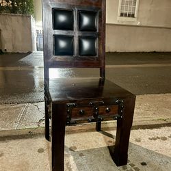 Solid Wood Statement Chair – Metal Accents & Padded Leather Back Panels