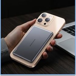 0.3'' Ultra Slim MagSafe Portable Charger, Dual Use 2025 Upgrade 5,000mAh Battery Pack, Magnetic Power Bank with USB C Cable for iPhone 16/15/14/13/12