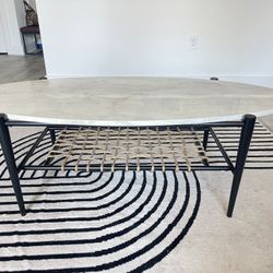 52" Black and White Metal and Faux Marble Boho Rope Oval Coffee Table