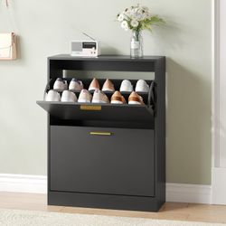 Shoe Cabinet with 2 Flip Drawers, Black Shoe Cabinet Storage for Entryway, Modern Shoe Organizer