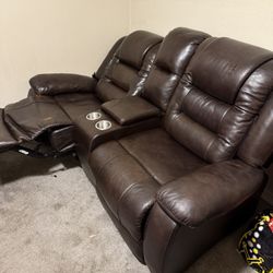 Brown Faux Leather Power Reclining Console Loveseat – Dual USB, Adjustable Headrest & Footrest