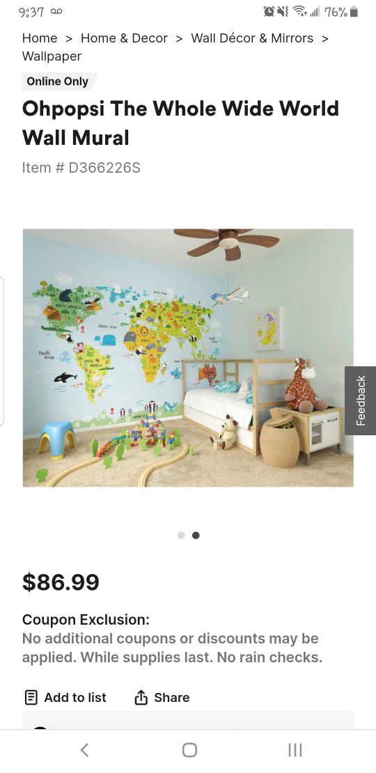 World Wall Mural  For Kids Room