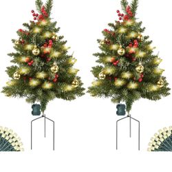 Brand New 30Inch Porch Christmas Trees Set of 2, Pathway Porch Prelit Christmas Trees Decor, Outdoor Yard Entrance Driveway Christmas Tree with Batter