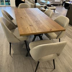 Mercury Row “Etna” 6-Person Dining Set – Solid Wood Look Top + 6 Upholstered Chairs