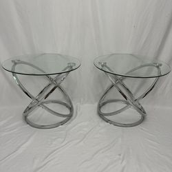 POST MODERN SPACE AGE CROME SCULPTURAL TEMPERED GLASS COFFEE TABLES! (SET OF 2)