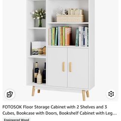 OTOSOK Floor Storage Cabinet with 2 Shelves and 3 Cubes, Bookcase with Doors, Bookshelf Cabinet with Legs for Kitchen, Living Room and Home Office, Wh