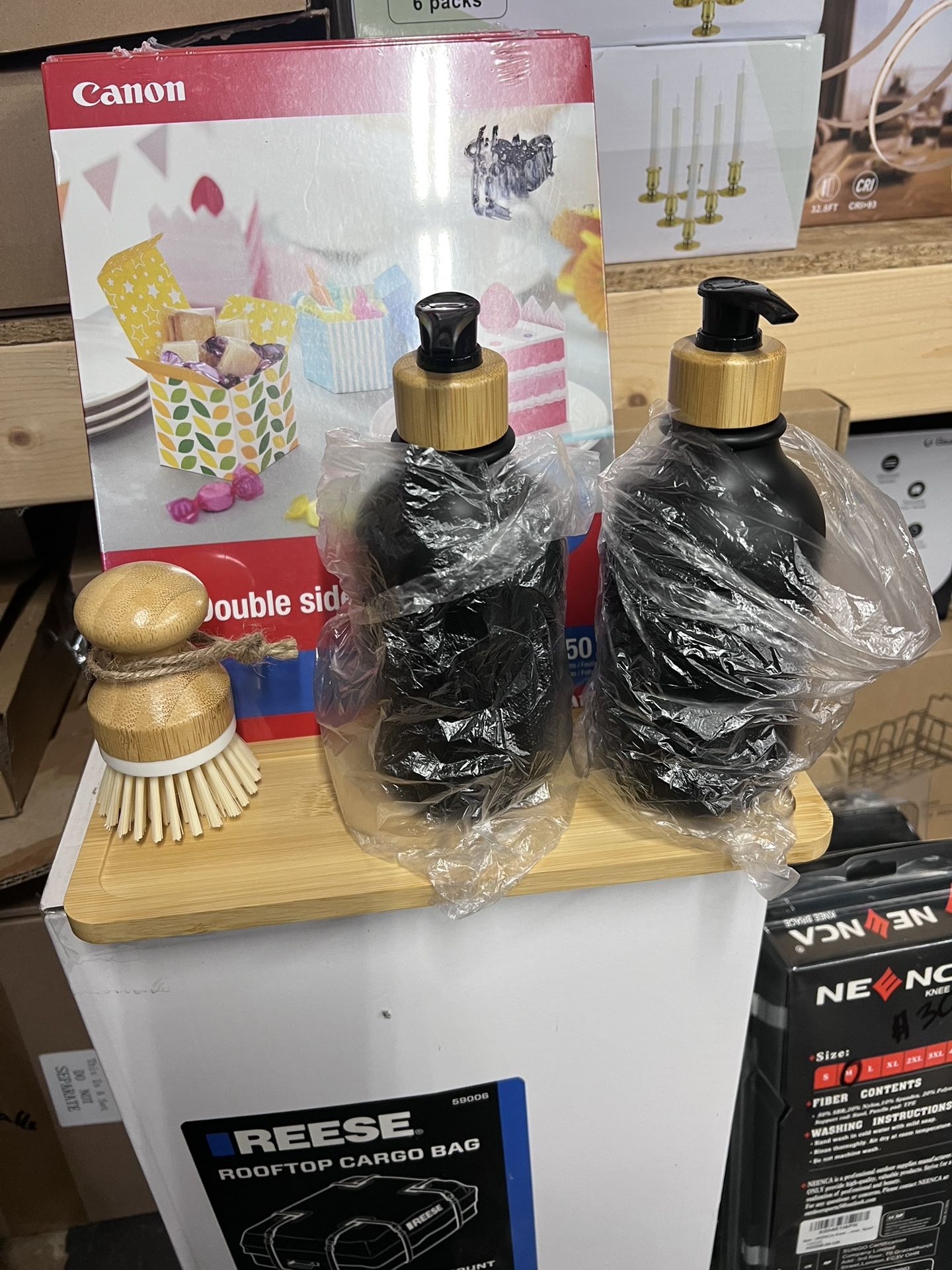 Zopeal 4 Pcs 16 oz Kitchen Soap Dispenser Set with Bamboo Tray and Dish Brush Plastic Soap Dispenser Set with Waterproof Labels for Hand Dish Lotion(F