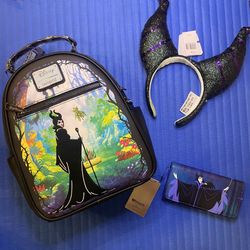 Loungefly Disney Maleficent Villains Garden Bundle - Includes: Maleficent Mini Backpack, Maleficent Wallet and Matching Maleficent Ears/ Headband - AL