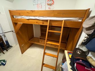 Vintage all wood kids loft bed with climbing wall and desk