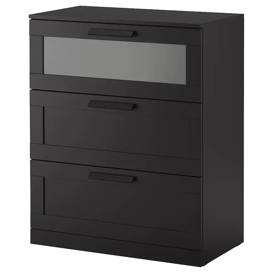 Brimnes 3-drawer chest Black/Frosted Glass 