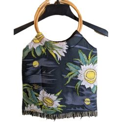Beaded Navy Floral Handbag W/ Dangling Beads Bamboo Handle Made In India Beachy